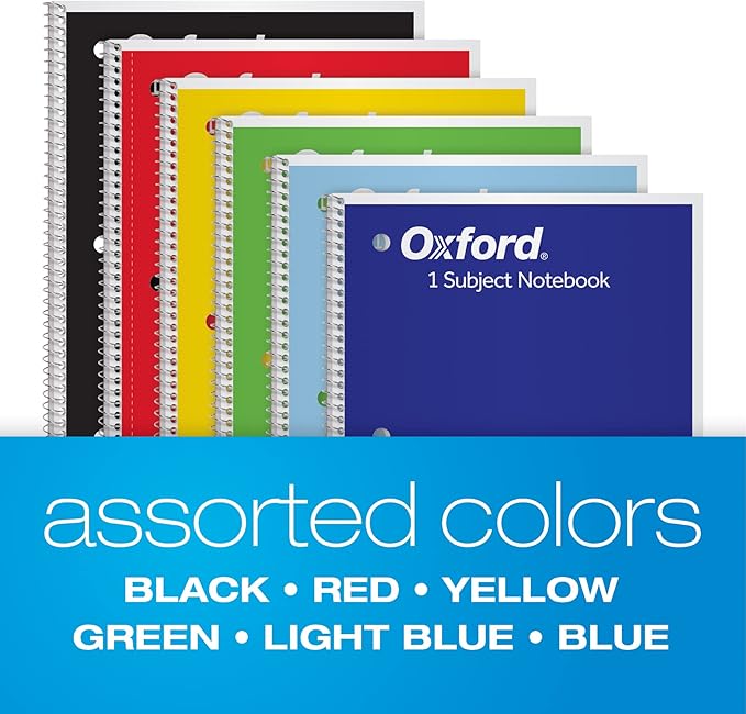Oxford Spiral Notebook 6 Pack, Bulk Wide Ruled Spiral Notebooks for School, 1 Subject Journal, Wide Ruled Paper, 8 x 10-1/2 Inch, Blue, Yellow, Red, Light Blue, Green and Black, 70 Sheets (65010)
