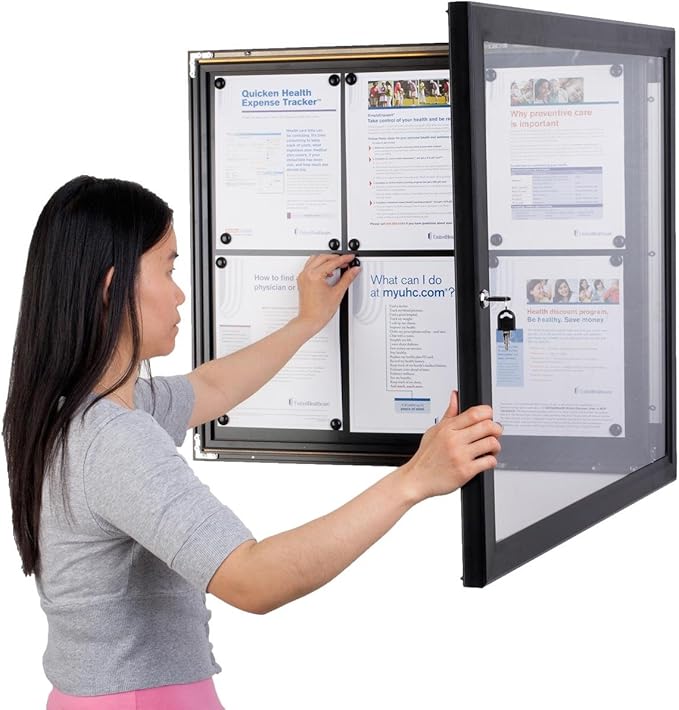 Weather Resistant Bulletin Board with Swing-Open Locking Door, Wall Mounted Notice Board with Magnetic Display Surface, for Indoor or Outdoor Use, Aluminum (Black)