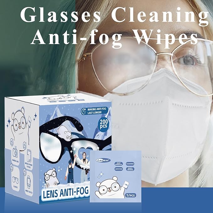 (200 PCS) Anti-Fog Lens Wipes Pre-Moistened Anti-Fog Wipes| Glasses Cleaner Safely Cleans Glasses, Sunglasses, Phone Screen, Electronics & Camera Lens