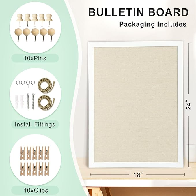 DOLLAR BOSS Cork Board Bulletin Board with Linen Double-Sided 24" x 18" Linen Corkboards for Walls Picture Display Vision Board for Office Home School Framed Picture Pin Board, 20 Pushpins 10 Clips