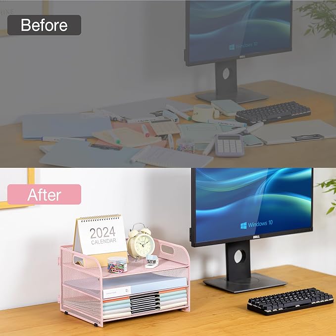 3-Tier Letter Tray Paper Organizer with Handle,Compact Mesh Desk File Organizer for Home Office Supplies Desktop Accessories,Pink