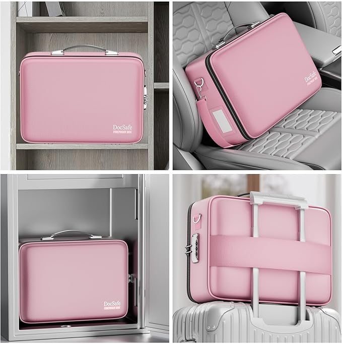 DocSafe Fireproof Document Box with Lock, Hard Case File Organizer with Accordion File Folder, Fireproof Water Resistant Safe Box Home Office Travel Storage for Important Documents Laptop Pink