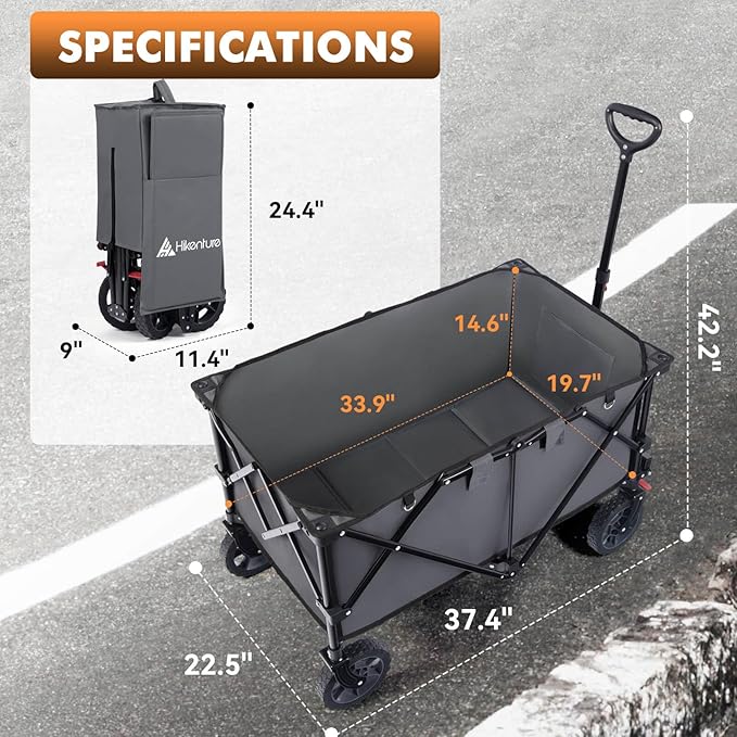 Hikenture Collapsible Wagon 330LBS Capacity, 200L Extra Large Wagons Carts Foldable, Heavy Duty Folding Wagon with All-Terrain Wheels, Utility Beach Wagon for Outdoor Garden