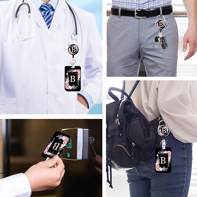 A-Z Badge Holder with Retractable Reel and Breakaway Lanyard Badge Clips Retractable Heavy Duty Badge Reel,Keychain,ID Holder with Breakaway Lanyard for School Nurse Office Teen B