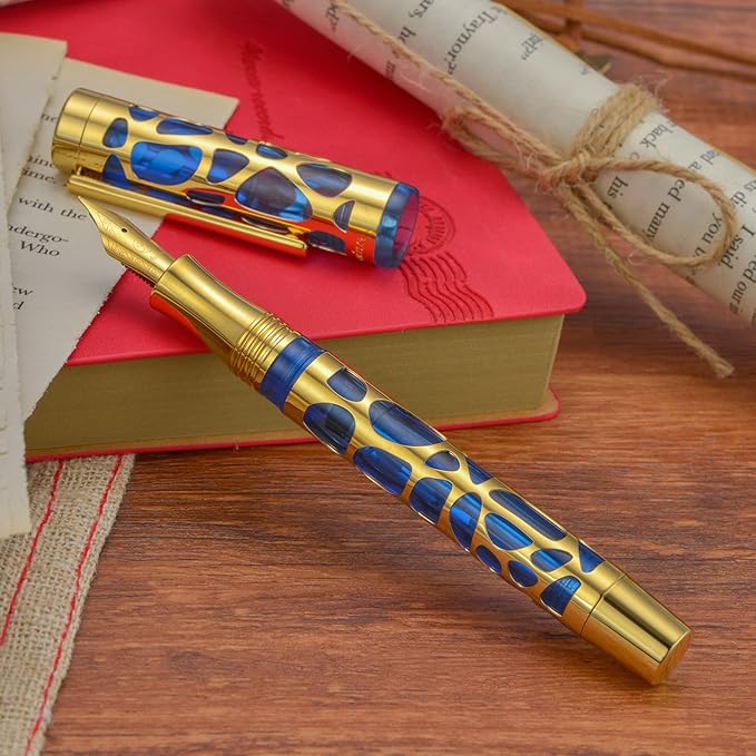 Asvine V169 Vacuum Filling Fountain Pen Extra Fine Nib, Water Drop Skeleton Gold Trim Transparent Blue Acrylic Pen Case Set