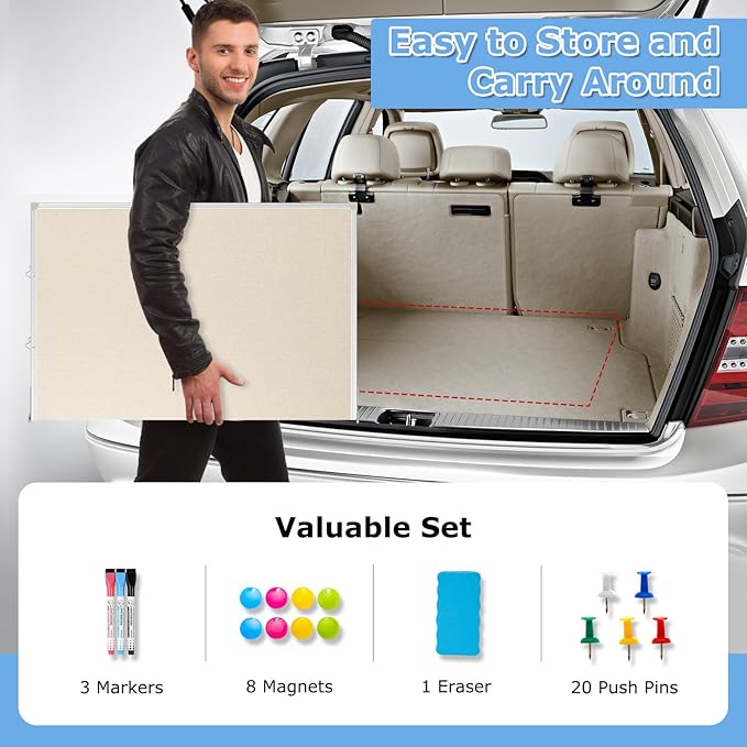 DOLLAR BOSS Foldable Linen Cork Board White Board Combo 60 x 40 in Extra Large Magnetic Whiteboard Dry Erase Bulletin Board Portable Double Sided Aluminum Frame Pin Board for School Office, White