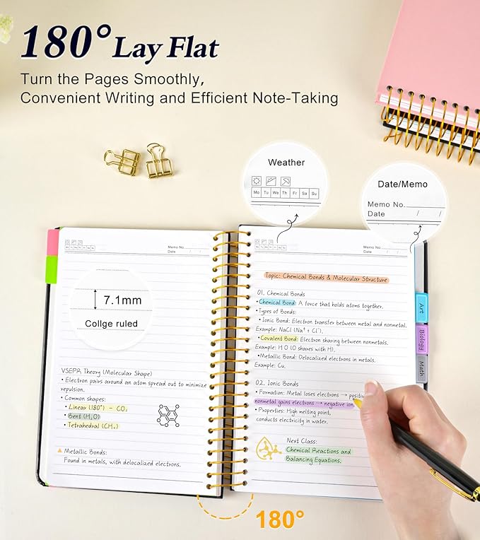 5 Subject Notebook College Ruled, Hardcover Spiral Notebook with Removable Pocket Dividers Tabs, 240 Pages Lined Spiral Journal Notebook for Women, 6x8.5 Notebooks for Work School Note taking A5 Black