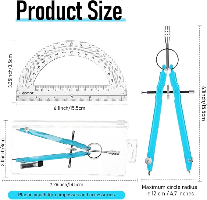 EBOOT Student Geometry Math Set, Drawing Compass and 6 Inch Clear Swing Arm Protractors 180 Degree Math Protractor (Sky Blue)
