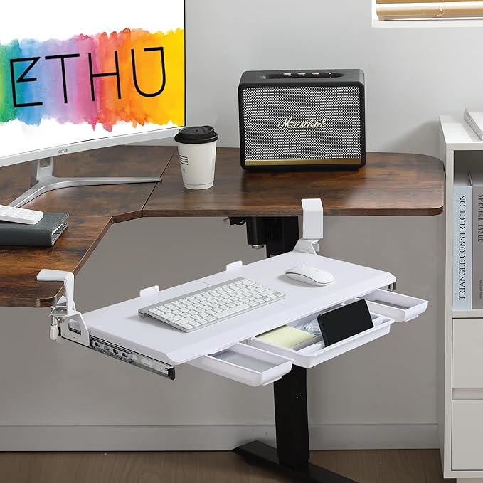 ETHU Keyboard Tray Under Desk, Ergonomic Corner Keyboard Tray with 180° Adjustable C Clamp for L Shape Desk 26.77" X 12.2" Easy to Install, Computer Keyboard Stand for Home and Office (White)