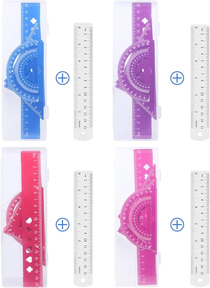 Honagu Triangular Ruler Set, 4+1Pieces Aluminum Alloy Ruler, Metal Drafting Ruler, Geometric Protractor for Students, School Office Supplies (Sky blue, 20cm)