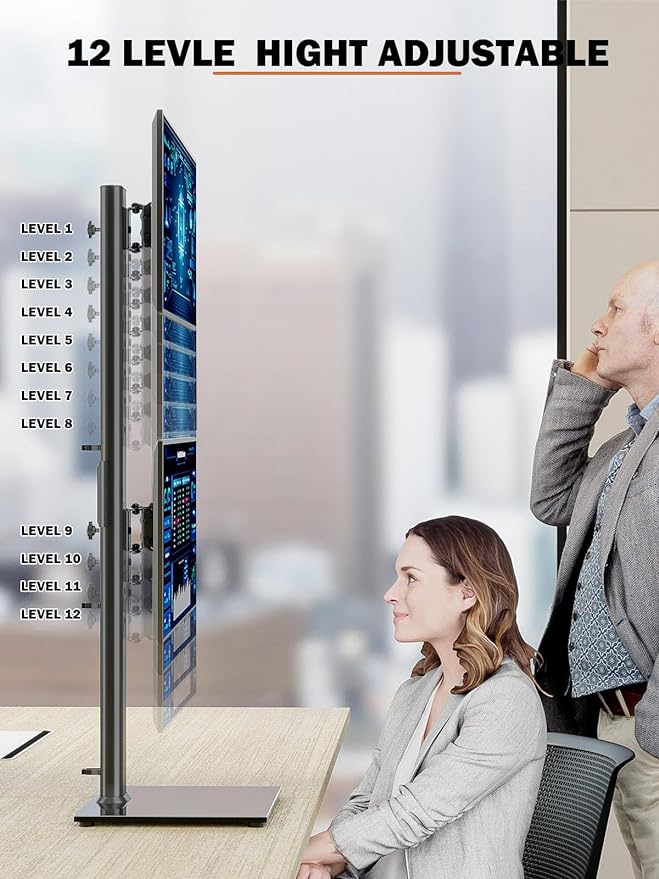 Dual Monitor Stand - Vertical Stack Screen Free-Standing Monitor Riser Fits Two 13 to 34 Inch Screen with Swivel, Tilt, Height Adjustable, Holds One (1) Screen Up to 44Lbs