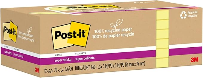Post-it 100% Recycled Paper Super Sticky Notes, Canary Yellow, 3 in. x 3 in., 12 Sticky Note Pads, 70 Sheets per Pad, School Supplies and Office Products