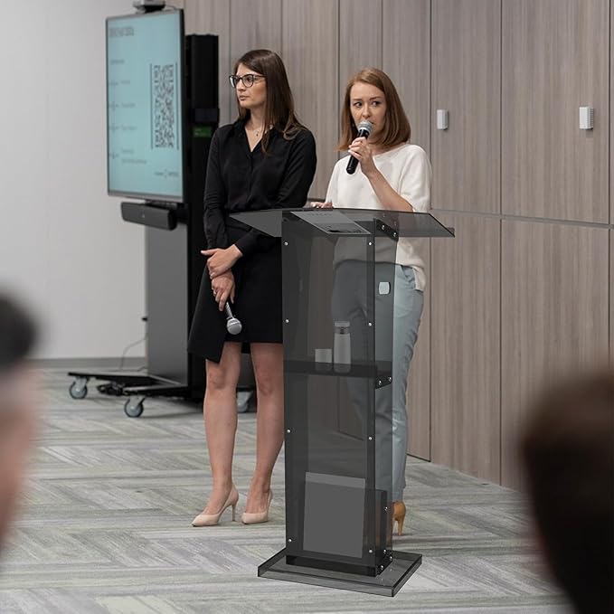 Acrylic Podium Stand with Storage Shelf,Black Lecterns & Podiums,Pulpits for Churches,Conference,Speeches,Weddings,Classroom,Concert,43" H Professional Presentation Podiums