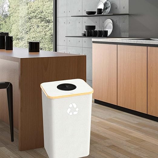 Recycling Bin for Kitchen Indoor Home, Large 100L/ 27 Gallon Recycle Bin with Lid Removeable Reusable Inner Bag Bottle Can Glass Waste Plastice Stickers (White, 27 Gallon)