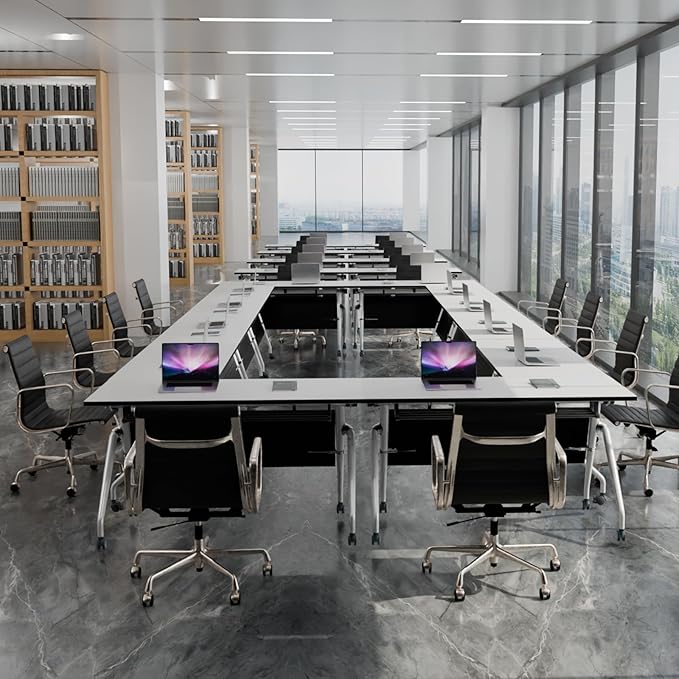 Conference Table, Folding Conference Room Tables, Mobile Training Tables with Silent Wheels, Large Rectangular Modular Seminar Table Office Computer Desks for Classroom White (8Pack L63in)