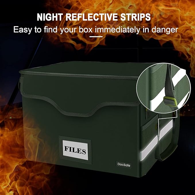 DocSafe File Box Fireproof Document Box with Lock,File Storage Organizer Box with Mesh Inserts&Zipper Lid,Collapsible Portable File Box Home Office File Cabinet with Handle for Hanging Folders,Green