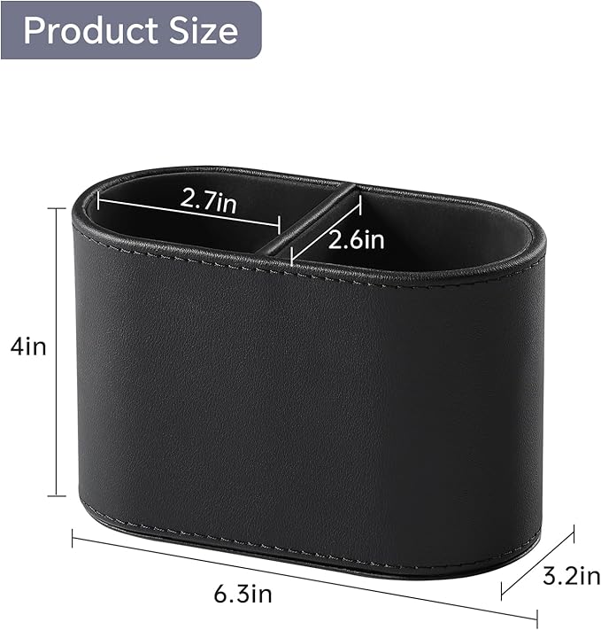 PU Leather Pen Holder for Desk, Small Remote Control Holder Pencil Cup Multifunctional Desktop Organizer Caddy for Home School Office Desk Accessories - 2 Compartments (Black)