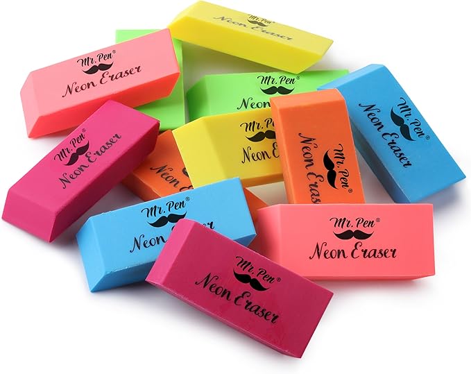 Mr. Pen- Pencil Eraser, 12 Pack, Neon Colors, Pencil Erasers for Drawing, Artist Eraser Pencil, Colorful Erasers for Kids