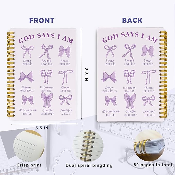 Coquette Purple Bows Bible Notebook,Aesthetic Composition Notebook, God Says I Am Christian Scripture Prayer Journal for Women, Hardcover Spiral Notebooks College Ruled 5.5 x 8.3 (Purple