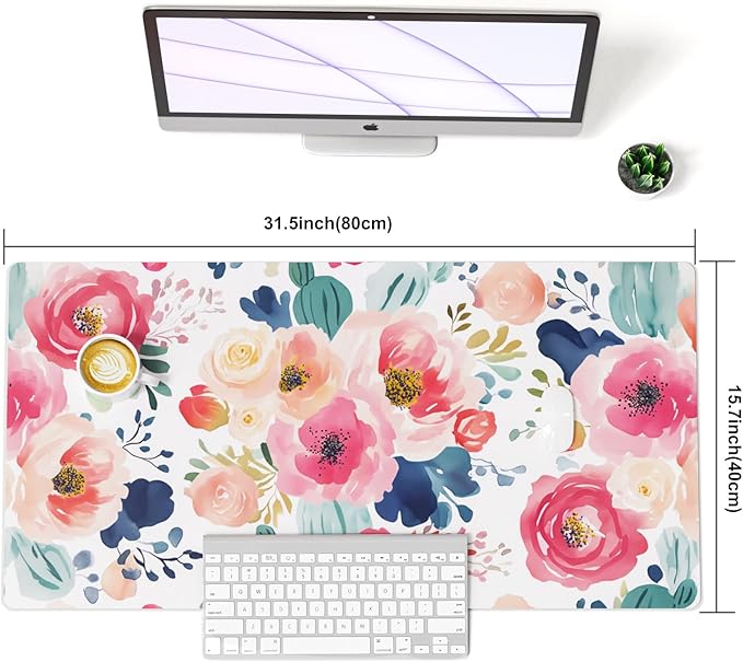 Colorful Star Large Mouse Pad, Pink Floral Desk Mat for Desktop, Women Girls PU Leather Waterproof Gaming Mousepad, Computer PC Laptop Protector Writing Pads for School Office Home 31.5" x 15.7"