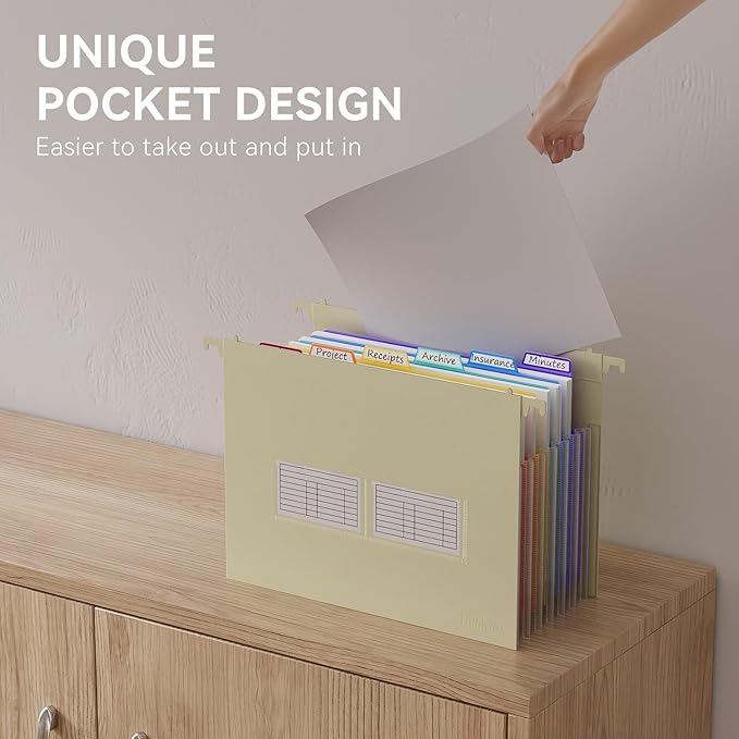ThinkTex Plastic Expanding Hanging File Folders, 7 Innovative 1.2" Accordion Pockets, Large Capacity, Multi-Color Tabs, Letter Size for Filing Cabinet - Yellow