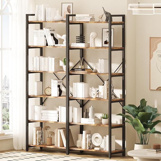 oneinmil 6 Tier Bookshelf Set of 2, 71.5'' Industrial Wood Bookshelves, Book Shelf with 12 Open Display Shelves & Metal Frame, Tall Bookcase for Home and Office, Rustic Brown