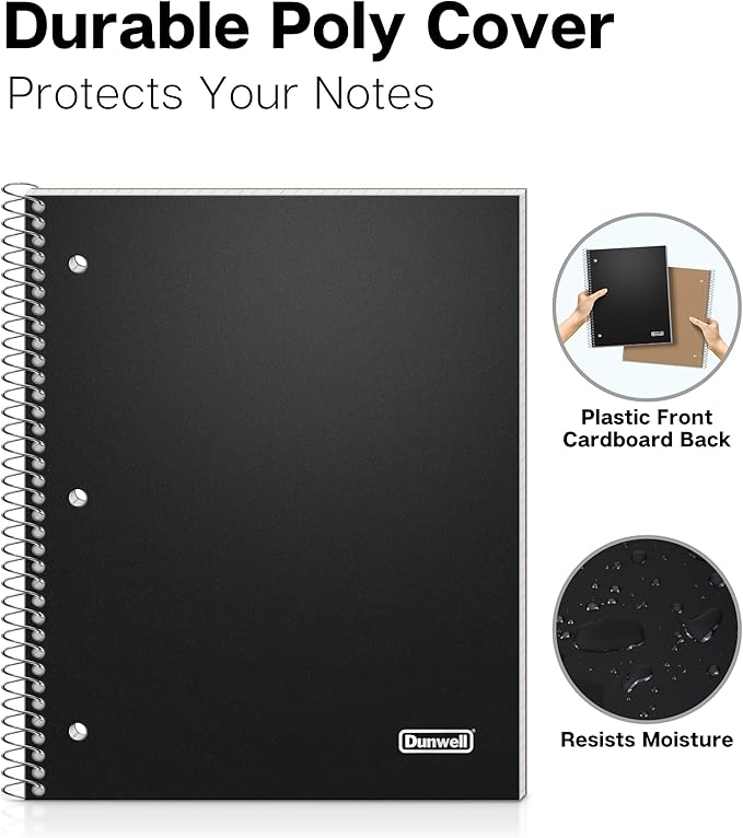 Dunwell Graph Paper Notebook 8.5 x 11 (Black) Plastic Cover, 100 Sheets (200 Pages), 4x4 Squares, 1 Subject Graph Paper Spiral Notebook, 1/4" Grid, Pocket Divider, Easy Tear-Off, 3-Hole Punched