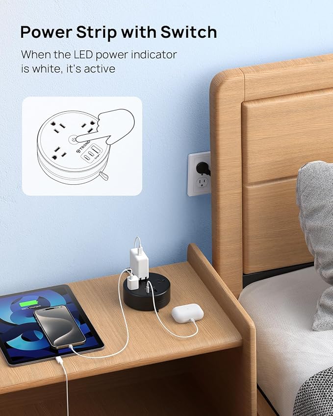 TROND Power Strip Flat Plug - Extension Cord 10FT Semi-Retractable, Power Strip with 3 AC Outlets 3 USB Ports (2 USB C), Ultra Thin Flat Plug, Cruise Ship Essentials, for Home, Hotel, Office