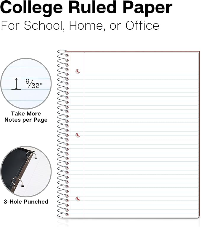 Dunwell 1 Subject Notebook College Ruled (Red), Spiral Notebook 8.5x11 for School, 100 Sheets (200 Pages), Protective Plastic Cover, 2-Pocket Divider, One Subject Note Book 8 1/2 x 11