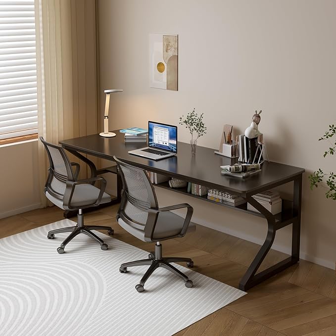 Extra Long Desk with Bookshelf - 71" Double Long Writing Table for 2-Person Workstation, Modern Study Work Computer Desk for Home and Office, Black
