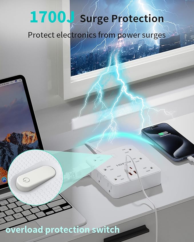 2 Prong Power Strip, 2 Prong to 3 Prong Outlet Adapter with 12 AC & 4 USB(2 USB-C), 1700J Two Prong Surge Protector, 5FT Extension Cord, Wall Mountable, Ideal for Old House Non-Grounded Outlets
