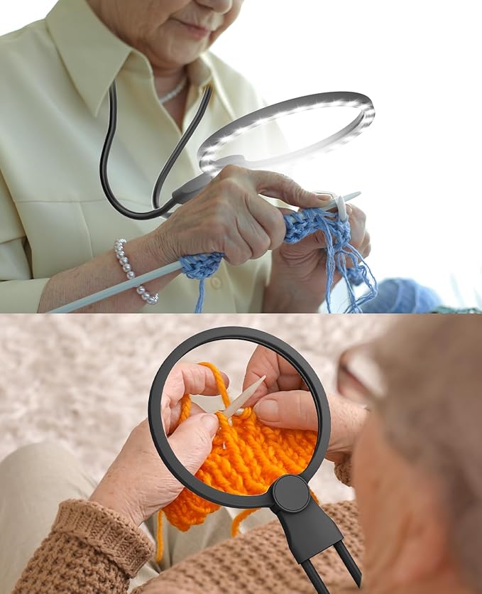 5X Hands Free Magnifying Glass with Light for Close Work,Neck Wear Magnifier for Reading Books,Sewing, Cross Stitch.Low Vision Seniors with Aging Eyes(Black)