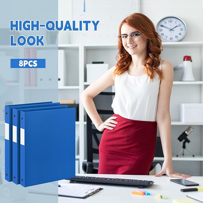 Henoyso 8 Pcs 3 Ring Binder 1/2'' Round Fits Letter Size 8. 5'' x 11'' Paper Plastic Flexible Binder Holds 100 Sheets with 1 Pockets Versatile Organizer for Office Home School (Blue)
