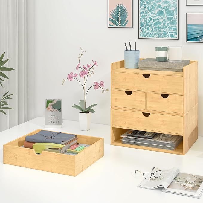 Bamboo Desk Drawer Organizer, Large Desktop Organizer with Drawers Tabletop Storage Organization Box for Office Home Toiletries Supplies Vanity, No Assembly Required (3 Drawer with Shelf)