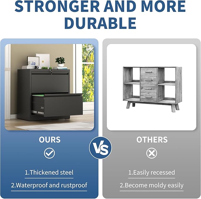 2 Drawer File Cabinet with Lock, Black Metal Lateral Filing Cabinets for Home Office, Heavy Duty Steel Horizontal Locking Storage Cabinet for Legal/Letter/A4 Size File, Assembly Require