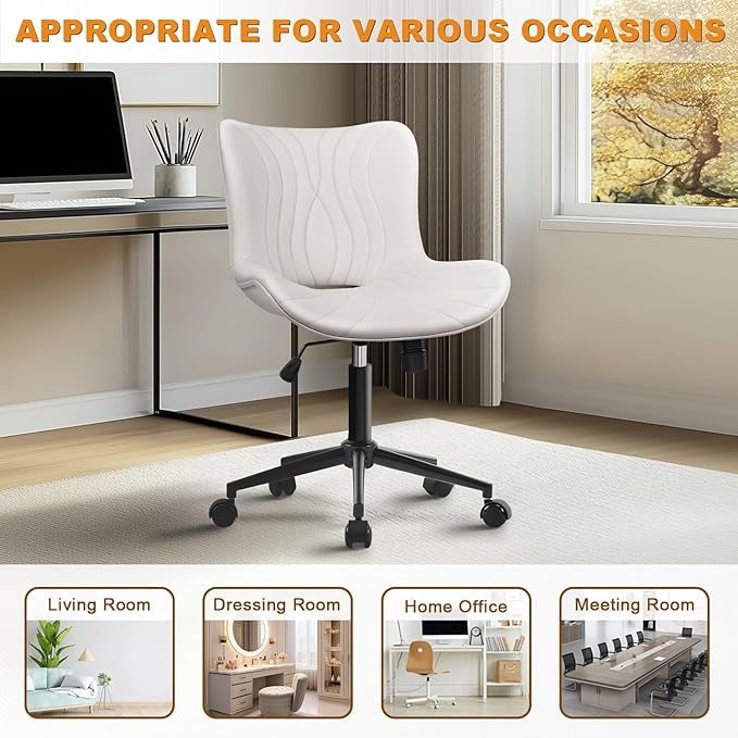 Office Chair, Armless Desk Chair with Wheels, Ergonomic Comfy Home Office Computer Task Chairs, Faux Leather Padded Cute Vanity Chair, Adjustable Height Swivel Chair with Back,White
