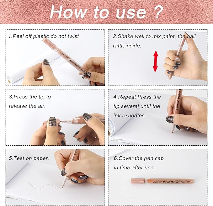 Acrylic Paint Pens Gold,Silver,Rose Gold,Paint Markers for Rocks Painting, Wood, Fabric, Glass,Ceramic,Canvas. Scrapbooking,Card Making,DIY Craft Supplies Metallic Acrylic Marker Set (Rose gold)