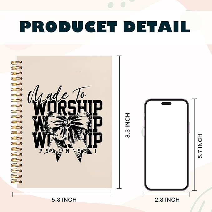 BearCake Christian Coquette Bow Notebook Journal, Made to Worship Prayer Journal for Women, Preppy Christian Gifts for Women, Bible Journaling Neutral Hardcover Spiral Notebook 5.5x8.3