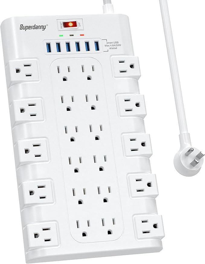 SUPERDANNY Power Strip Surge Protector with 22 AC Outlets and 6 USB Charging Ports, 6.5Ft Mountable Flat Plug Extension Cord (1875W/15A) for Home, Office, Dorm, Gaming Room, 2100 Joules, White