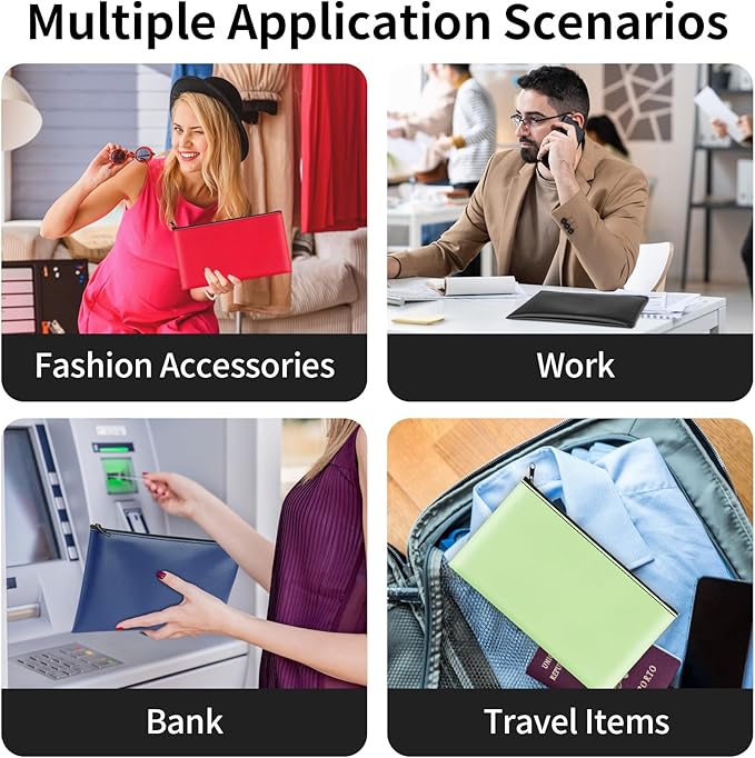 4 Pack Money Bags with Zipper, 11x6.1 Inch PU Leather Cash Pouch, Secure Bank Bag for Coins, Bills, Checks, Invoices, Cosmetics, Tools (Multi Color)