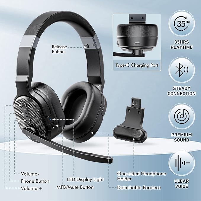 Trucker Bluetooth Headset, Wireless Headsets with Noise Cancelling Microphone, 50+Hrs HD Talktime Bluetooth Headphones with Detachable Earpad/Single+Dual Mode for Office/Driving/Home