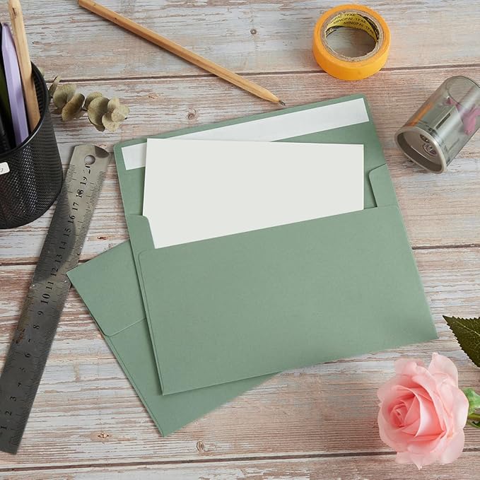 Wishop 100 Pack Sage-Green A7 Envelopes Self-Adhesive 5x7 Envelopes for Invitations, 5x7 Greeting Cards