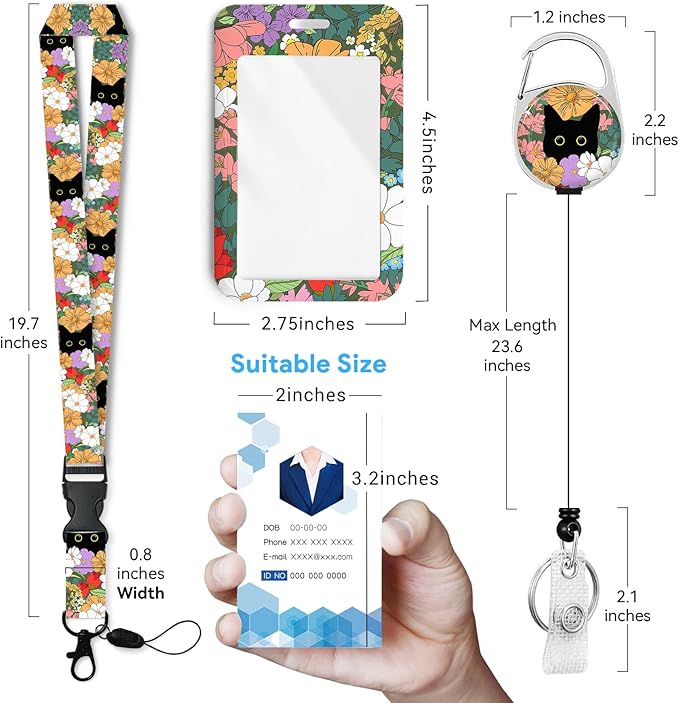 Cute Cat Hidden in The Flowers Badge Holder with Retractable Reel and Breakaway Lanyard,Badge Clips Retractable Heavy Duty Badge Reel,ID Holder with Breakaway Lanyard for School Nurse Office Teen 