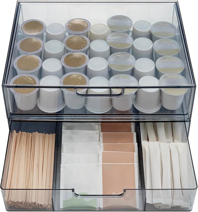 STORi STAX Plastic Stackable Organizer Drawers (Set of 2) Classic Grey | 12.5" Wide | Set Includes One Open Drawer & One Divided Drawer | Organize Office Desk Accessories & Sort Paper | Made in USA