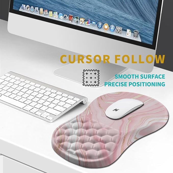 Hokafenle Ergonomic Mouse Pad Wrist Support, Wrist Rest Mousepad for Carpal Tunnel Pain Relief with Integrated Memory Foam Slope Massage Bulge (11.8x7.9 inch,Pink Fluid