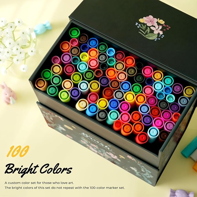 Ohuhu Markers for Adult Coloring Books No bleeding 100 Colors Coloring Markers Water-based Dual Tips Fineliner & Brush Drawing Pens Art Markers for Kids Adults Sketch Journal - Maui - Black