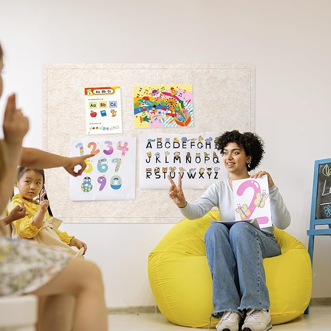 Large Bulletin Board - 48 x 36 Inches, Decorative Felt Pin Board for Wall - 4' x 3' Foldable Photo Display Board with Self-Adhesive Tape, Includes 20 Push Pins - Oatmeal
