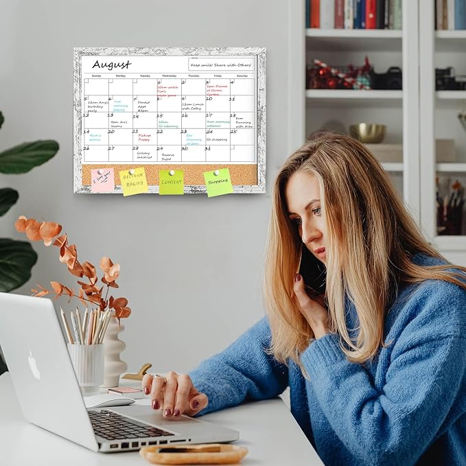 Dry Erase Calendar for Wall, 17"x13" Whiteboard Calendar Cork Board Combo, Magnetic White Board Monthly Calendar with Wood Framed, Hanging Dry Erase Board for Office Kitchen Home Planner Memo