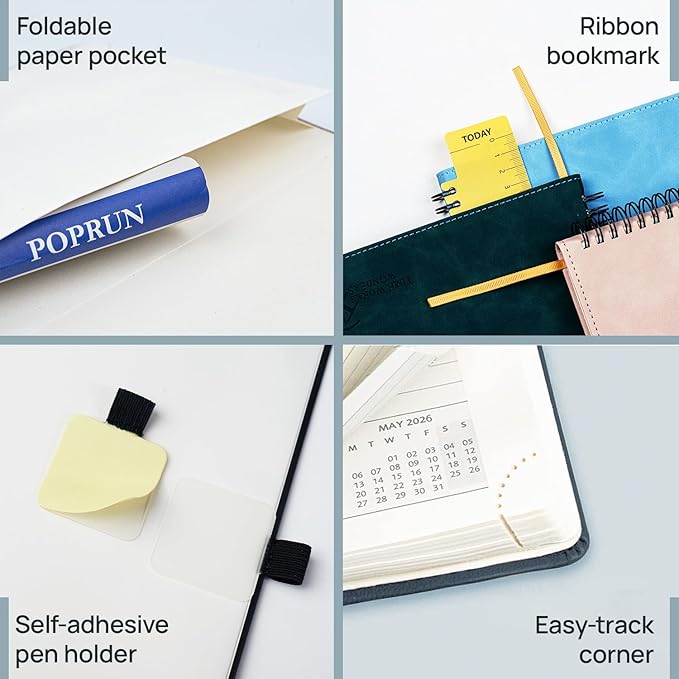 POPRUN Weekly Planner 2026 Pocket Size Calendar (4" x 6.25") 12 Months Notebook with Horizontal Layout, Leather Soft Cover, Inner Pocket, 100GSM Thick Paper, Pen Holder - Petrol Green