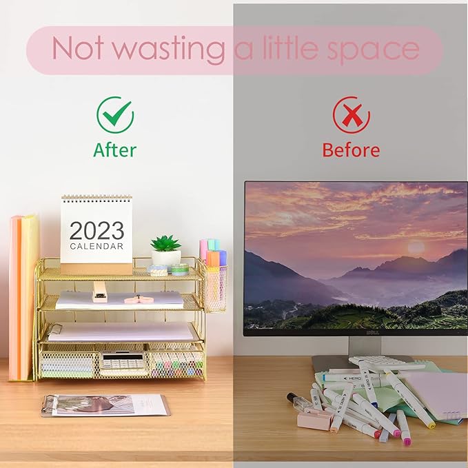 Desk Organizers and Accessories, Desk Accessories & Workspace Organizers for Office Supplies, File Organizer Desk Drawer Organizer with 2 Pen Holders, 4 Tier Paper Organizer for Desk (Gold)